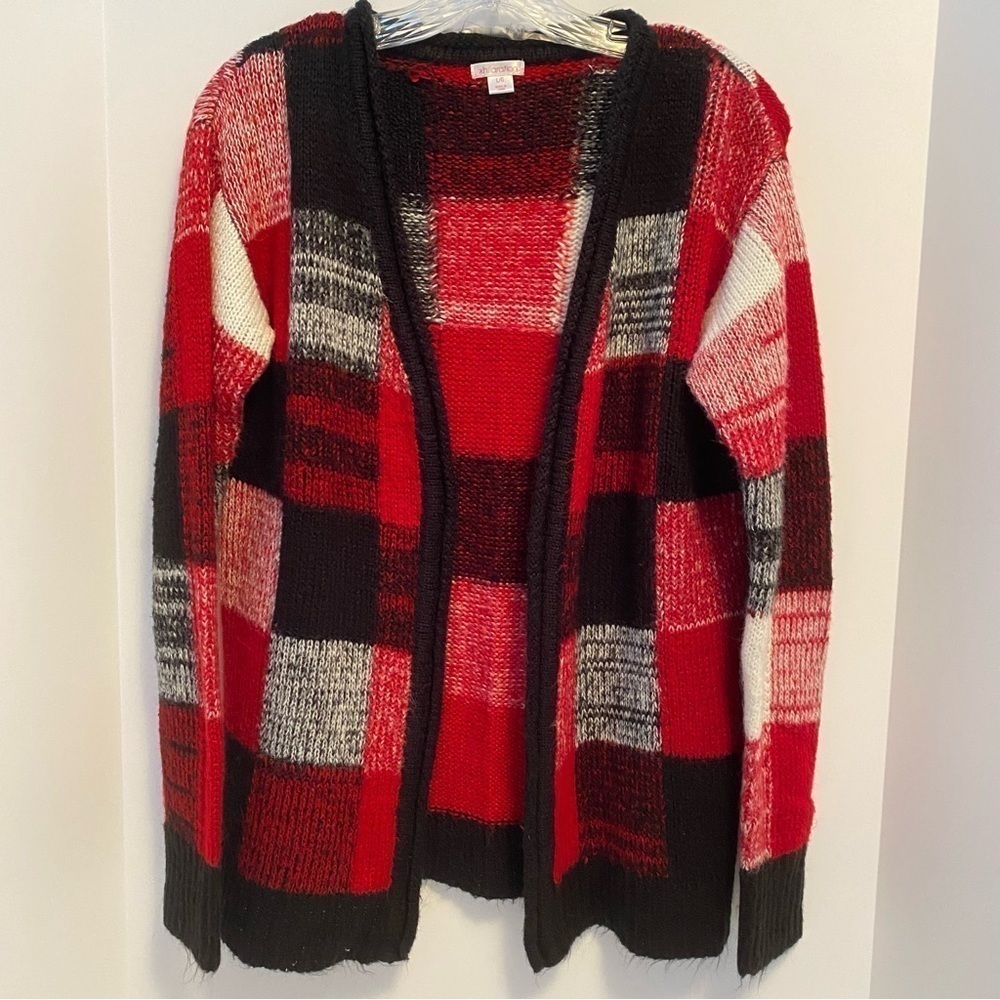 XHILARATION Women's Red Black White Checkered Open Cardigan Sweater Size Large